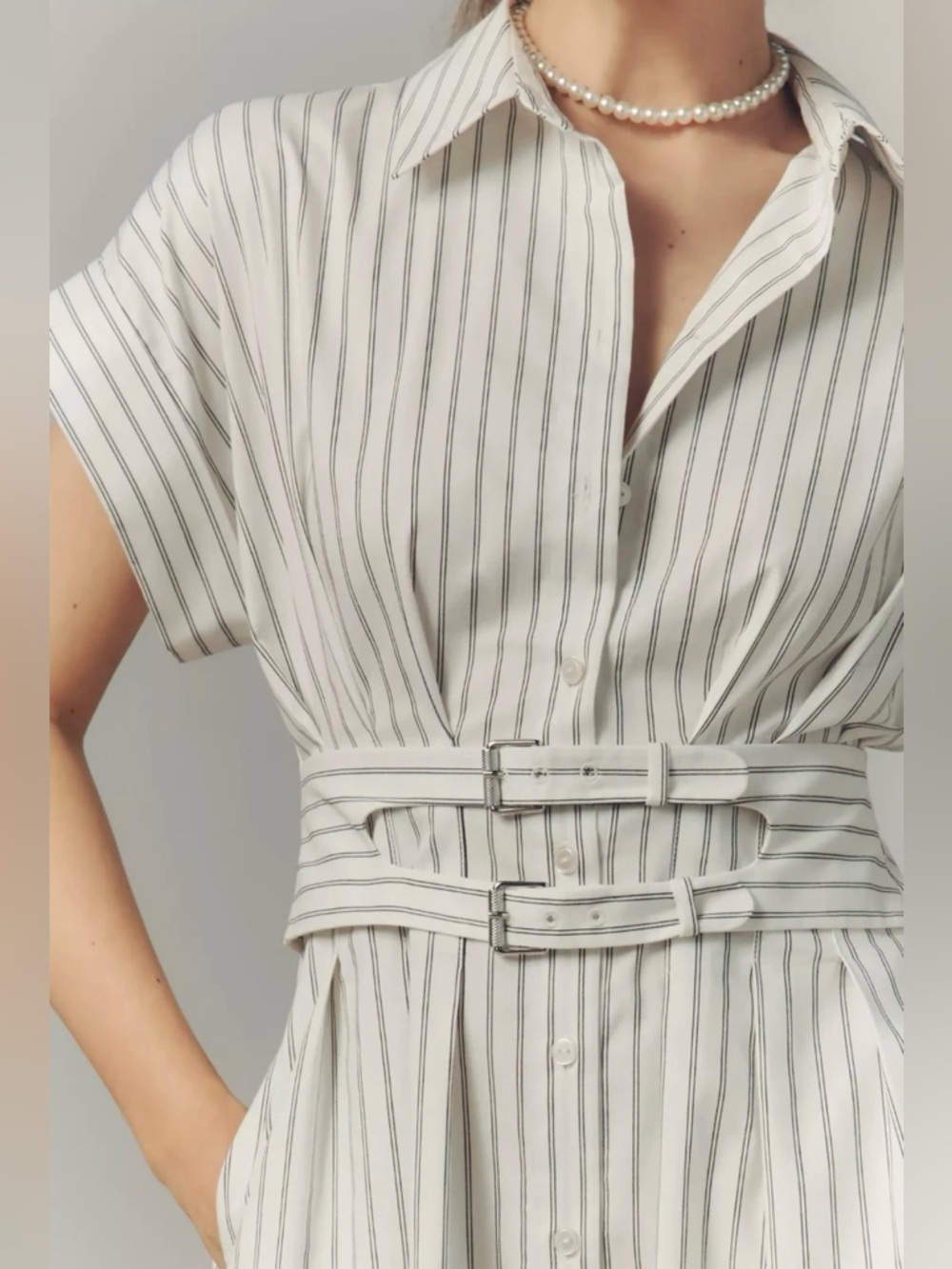 Anthropologie Exquise Tobie Striped Belted Shirt Dress in Light Cream - Picture 4 of 7